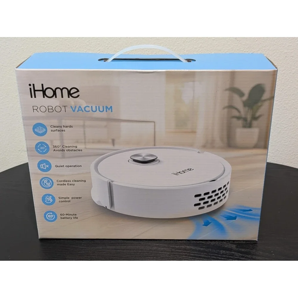 IHome Robot Vacuum White Cordless 60 Min Battery Quiet Compact IHRV50-WHT New